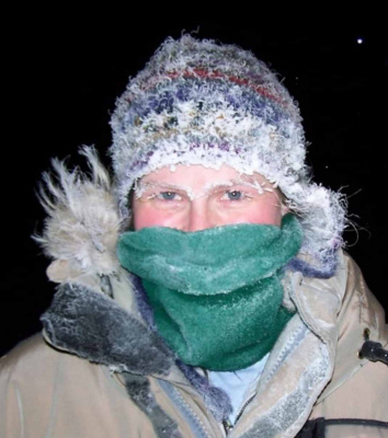 Bec Batchelor with frosted eye-lashes all bundled up for fieldwork