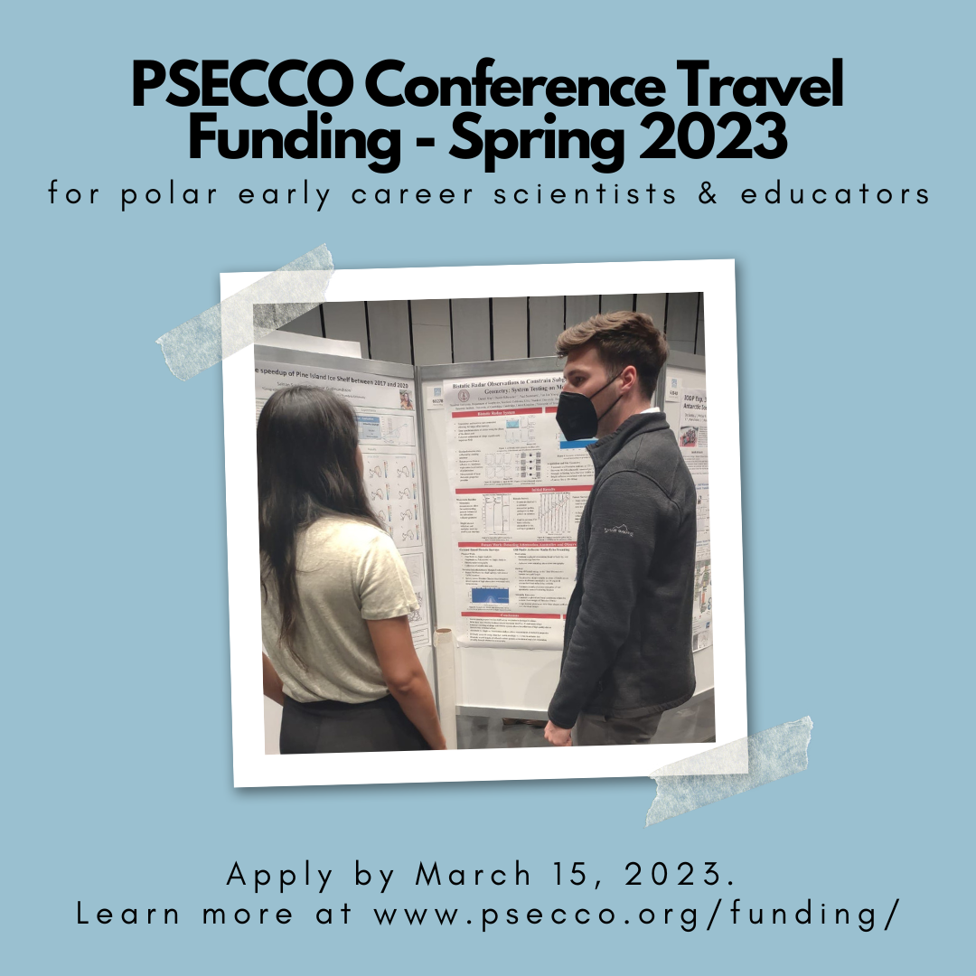 Text that reads 'PSECCO Conference Travel Funding - Spring 2023 for polar early career scientists &amp; educators; Apply by March 15, 2023. Learn more at www.psecco.org/funding/' framing a picture of a past PSECCO conference travel grant participant presenting their poster at a conference in Iceland. 
