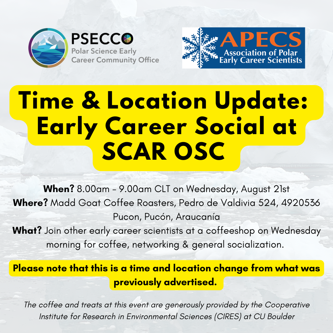 Are you excited to join PSECCO, APECS &amp; other early career researchers on Wednesday morning for a coffee social? Please note that the time and location for this event has changed to be taking place from 8am to 9am at Madd Goat Coffee Roasters on Pedro de Valdivia St.