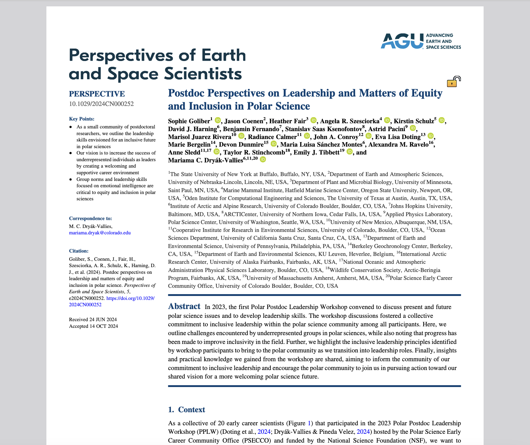 A screenshot of the Perspectives of Earth and Space Scientists paper