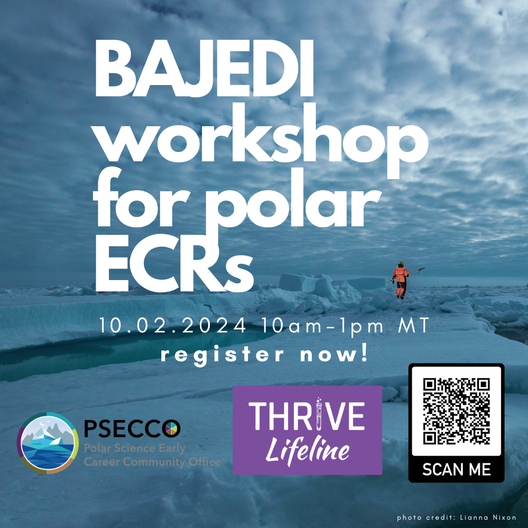 Text reads ‘BAJEDI workshop for polar ECRs 10.02.2024 10am-1pm MT register now!’. Background of a white snowy/icy landscape with a person in orange gear and PSECCO, ThriveLifeline, and a QR code to scan to register.