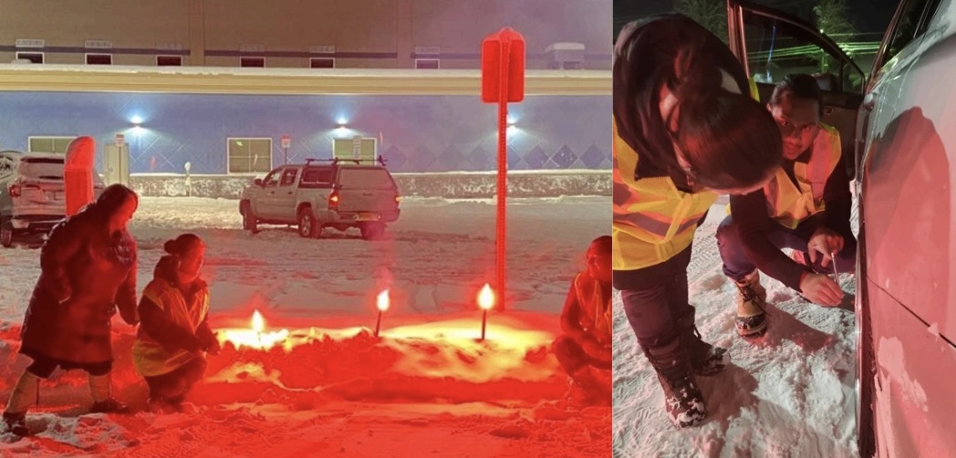 An instructor teaches two students how to practice safety using high-vis vests and road flares (left, Photo Credit: Jennifer Wei) and students helping each other learn (right) 