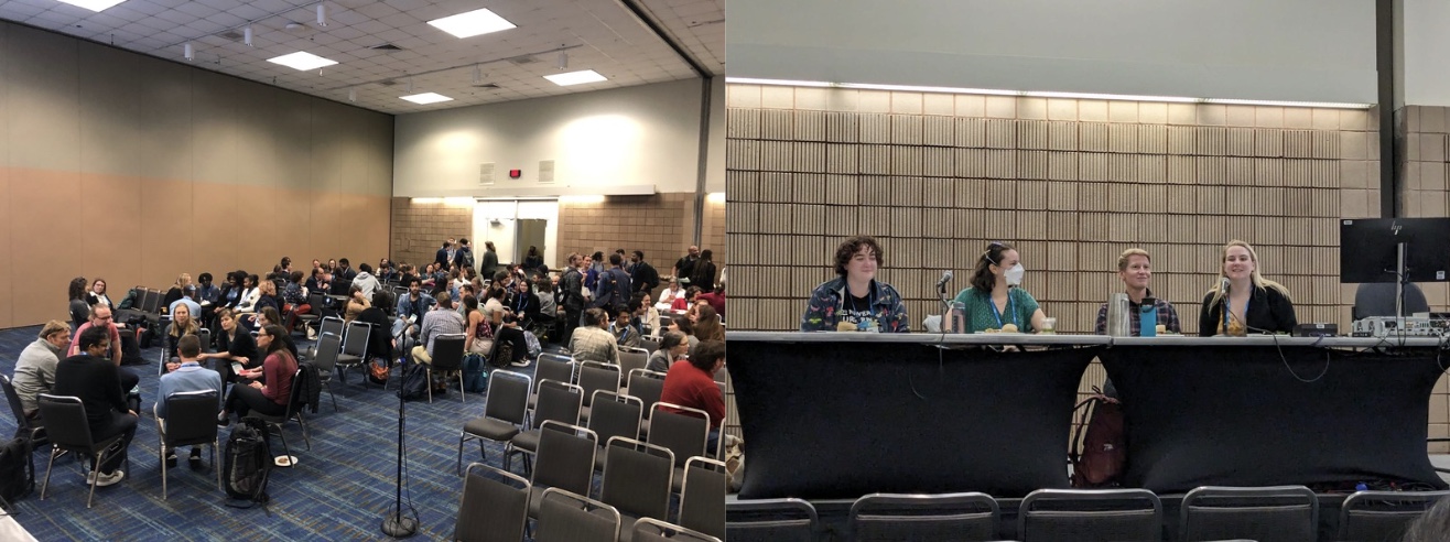 Breakout groups chat about community needs, career advancement, and more at the town hall meeting “Supporting Early Career Researchers in Polar Oceanography” (left), and the conveners of the town hall (right) 