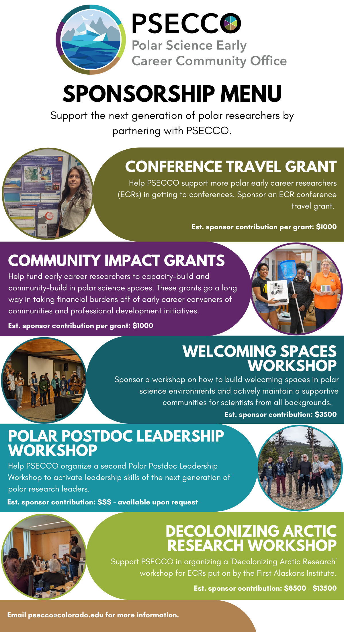PSECCO Sponsorship Menu | Support the next generation of polar researchers by partnering with PSECCO. Email psecco@colorado.edu for a full list of ways to do this.