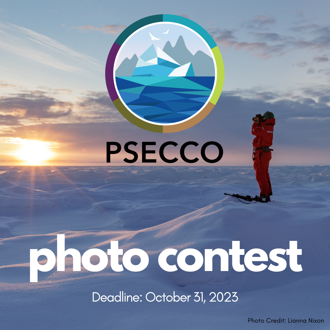 PSECCO photo contest | deadline: October 31, 2023 | background photo is of a person wearing red cloths standing on sea ice and staring at the horizon