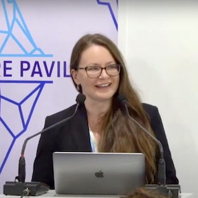 Morgan presents at the Cryosphere pavilion at the most recent COP