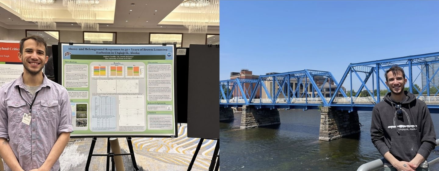 Andrew Uccello presenting their poster at SES (left) and traveling in Grand Rapids (right)