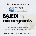 last day to apply to PSECCO BAJEDI mico-grants for polar early career scientists and organizations - Deadline: October 31, 2022 - on image of polar bear
