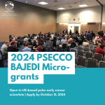 "2024 PSECCO BAJEDI Micro-grants: Apply by October 31, 2024" on a background of a room full of a few groups of about 10 people each