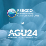 Text reads: PSECCO at AGU 2024 on top of an image of ice cups from beneath a glacier