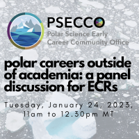 the text 'polar careers outside of academia: a panel discussion for ECRs; Tuesday, May 2, 2023 - 11am to 12.30pm MT' juxtaposed on top of a scene of Arctic sea ice