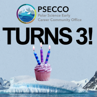 Text says 'PSECCO turns 3!' and shows an iceberg with a cupcake with three candles in it sticking out of it!