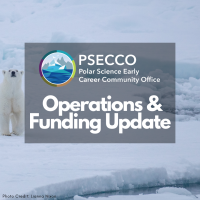 PSECCO Operations & Funding Update - logo for PSECCO on top of image of polar bear on sea ice | Photo credit: Lianna Nixon