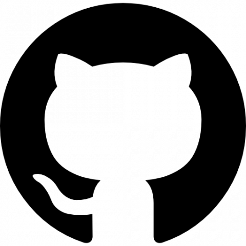 Black circle with white silhouette of a cat. 