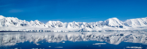 Blue lake with large white glaciers on theml