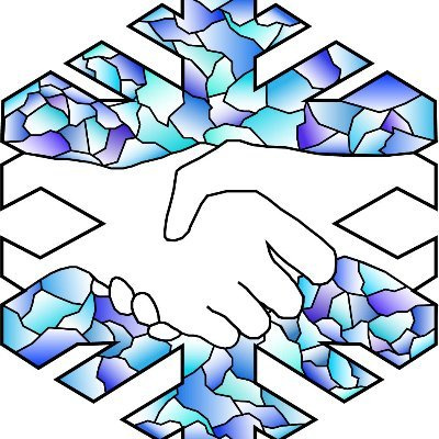 A shadow of two hands shaking over a snowflake with dark and light blue parts 