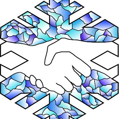 A shadow of two hands shaking over a snowflake with dark and light blue parts