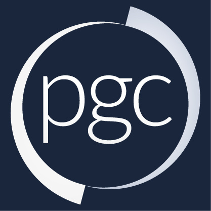 blue background with white circle surrounding the letters PGC