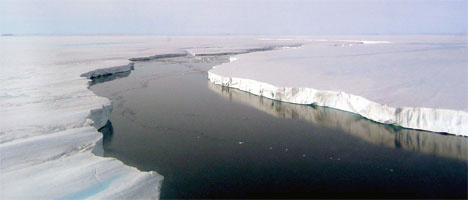 Image of sub-shelf on the ice with a blue sky. 