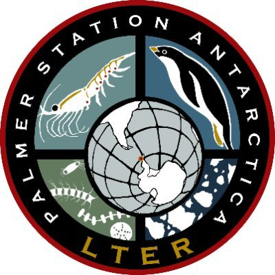 Palmer LTER Logo - four sections in a circle with a shrimp, penguin, bugs, and ice, with the globe with Antarctica facing up in the center of the logo. 