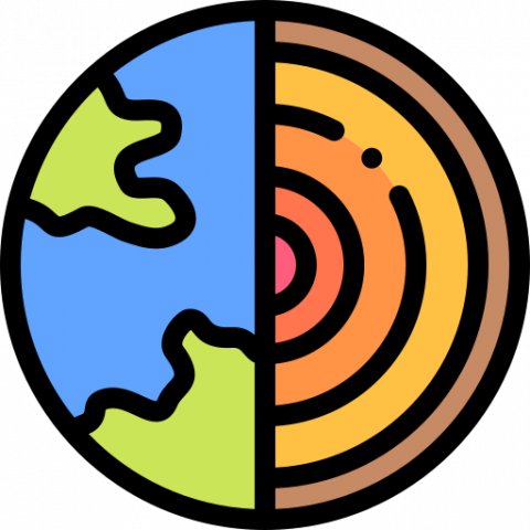 Cartoon image of the earth, but the other half displays the cores of the earth. 