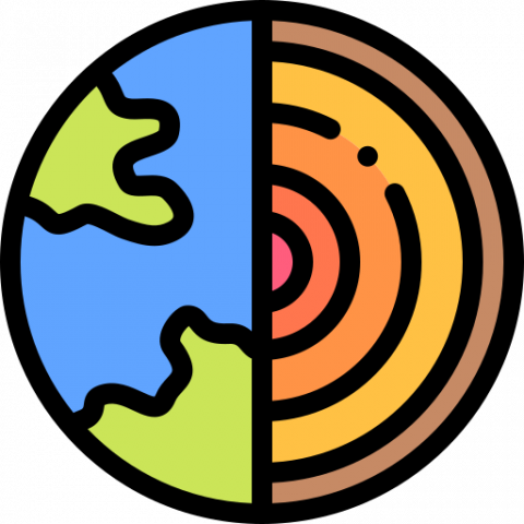 Cartoon image of the earth, but the other half displays the cores of the earth.