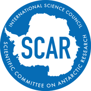 SCAR 2018 logo, white Antarctica on a blue background