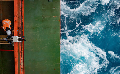 A scientist ready to deploy an Argo-float in the Southern Ocean on the back deck of an icebreaker.