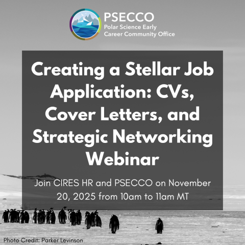 Creating a Stellar Job Application: CVs, Cover Letters, and Strategic Networking Webinar | Join CIRES HR and PSECCO on November 20, 2025 from 10am to 11am MT; picture of penguins in background