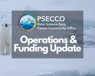 PSECCO Operations & Funding Update - logo for PSECCO on top of image of polar bear on sea ice | Photo credit: Lianna Nixon
