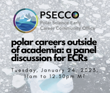 the text 'polar careers outside of academia: a panel discussion for ECRs; Tuesday, May 2, 2023 - 11am to 12.30pm MT' juxtaposed on top of a scene of Arctic sea ice