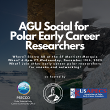 the text 'AGU Social for Polar Early Career Researchers | Where? Sierra AB at the SF Marriott Marquis When? 6-8pm PT Wednesday, December 13th, 2023 What? Join other early career polar researchers for snacks and networking!' on top of several photos of the polar regions