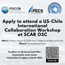 Apply to attend a US-Chile International Collaboration Workshop  at SCAR OSC | When? Sunday, August 18, 2024 from 2.00pm to 6.00pm local time Where? Arctocephalus Room | Deadline for US-based and Chile-based polar early career researchers to apply is July 24, 2024.