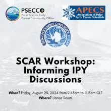 Text reads ‘SCAR Workshop: Informing IPY Discussions When? Friday, August 23, 2024 from 9.45am to 11.15am CLT Where? Usnea Room’. A background of a large piece of sea ice and the PSECCO, APECS, and 2024 SCAR OSC logos.