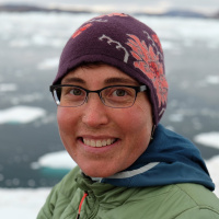 Person in a green jacket and a red hat. A lake with floating ice blocks in the background.