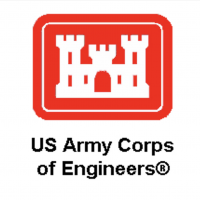 Red outline of a white castle with black words "US Army Corps of Engineers" below. 