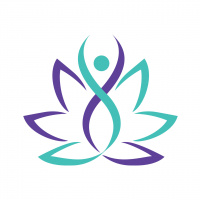 Vector logo of a purple and cyan lotus flower with a person meditating outlined in the middle. 