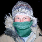 Bec Batchelor with frosted eye-lashes all bundled up for fieldwork